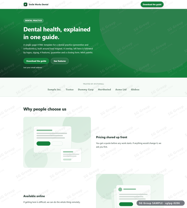Thumbnail of Dental Practice — Lead Magnet | overlay, left, Mint, an HTML landing-page template for dental practice aimed at lead magnet.