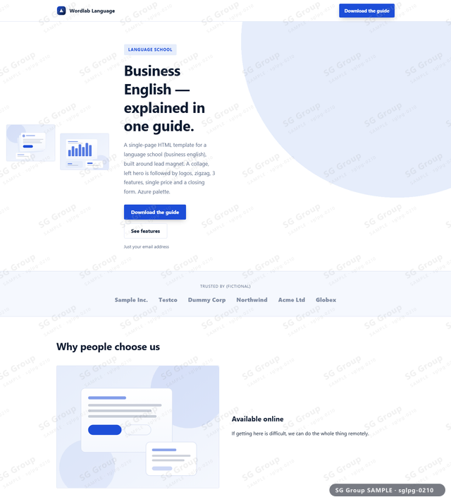 Thumbnail of Language School — Lead Magnet | collage, left, Azure, an HTML landing-page template for language school aimed at lead magnet.