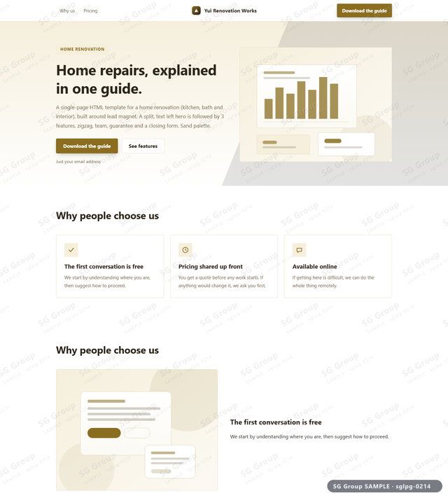 Thumbnail of Home Renovation — Lead Magnet | split, text left, Sand, an HTML landing-page template for home renovation aimed at lead magnet.