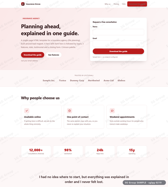 Thumbnail of Insurance Agency — Lead Magnet | hero with form, Crimson, an HTML landing-page template for insurance agency aimed at lead magnet.