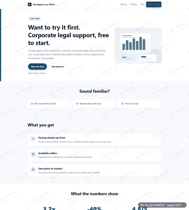 Thumbnail of Law Firm — Free Trial | side panel, Navy, an HTML landing-page template for law firm aimed at free trial.