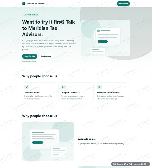 Thumbnail of Accounting Firm — Free Trial | split, card stack, Teal, an HTML landing-page template for accounting firm aimed at free trial.