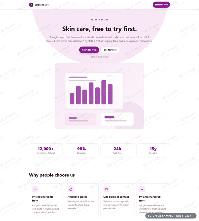 Thumbnail of Esthetic Salon — Free Trial | centered with media, Plum, an HTML landing-page template for esthetic salon aimed at free trial.