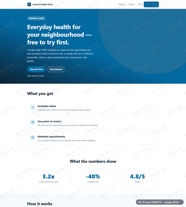 Thumbnail of General Clinic — Free Trial | overlay, left, Sky, an HTML landing-page template for general clinic aimed at free trial.