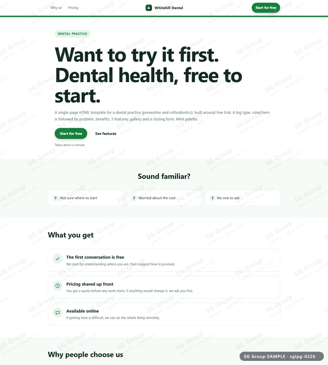 Thumbnail of Dental Practice — Free Trial | big type, ruled, Mint, an HTML landing-page template for dental practice aimed at free trial.