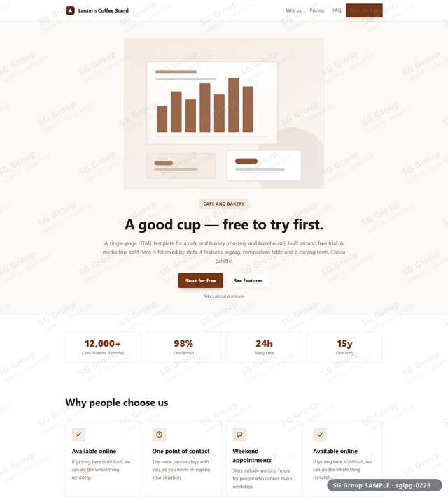 Thumbnail of Cafe and Bakery — Free Trial | media top, split, Cocoa, an HTML landing-page template for cafe and bakery aimed at free trial.