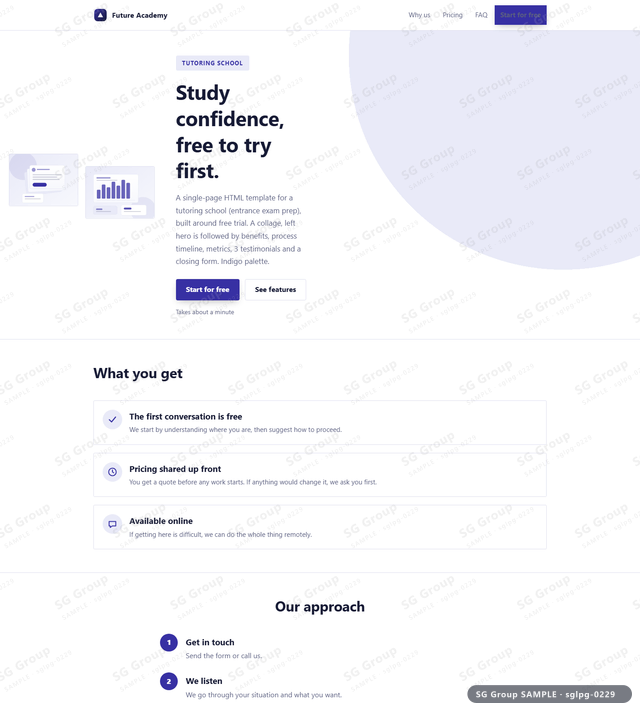Thumbnail of Tutoring School — Free Trial | collage, left, Indigo, an HTML landing-page template for tutoring school aimed at free trial.