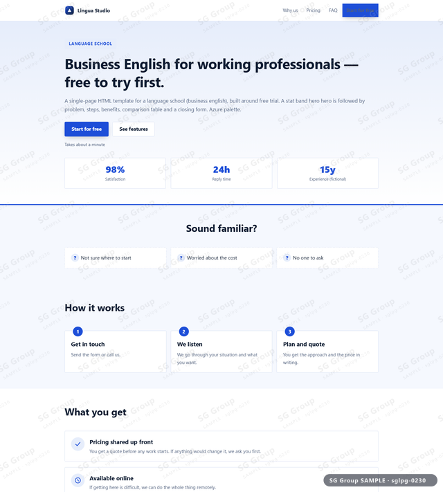 Thumbnail of Language School — Free Trial | stat band hero, Azure, an HTML landing-page template for language school aimed at free trial.