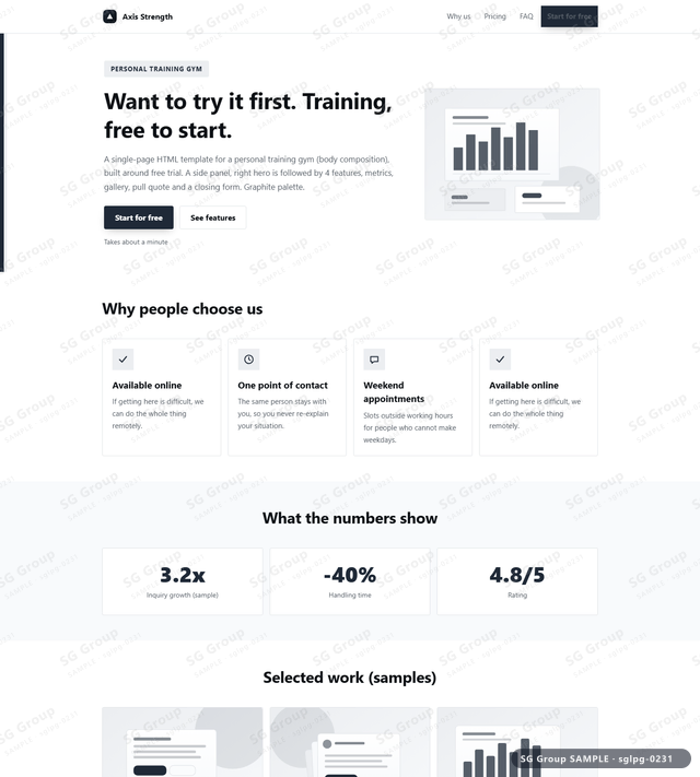 Thumbnail of Personal Training Gym — Free Trial | side panel, right, Graphite, an HTML landing-page template for personal training gym aimed at free trial.