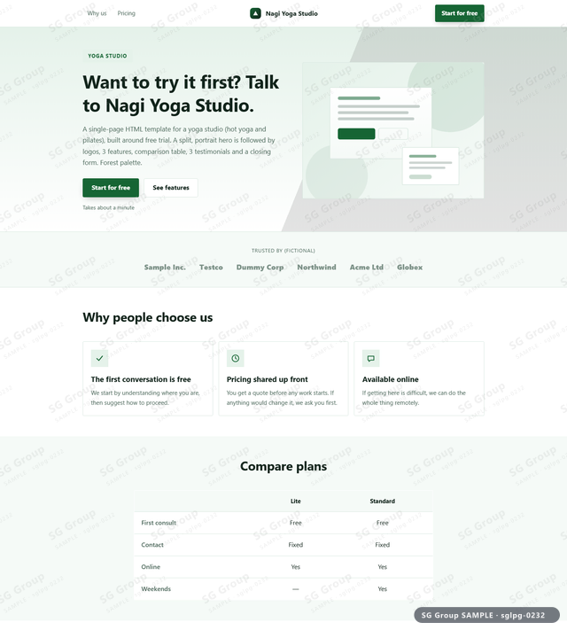 Thumbnail of Yoga Studio — Free Trial | split, portrait, Forest, an HTML landing-page template for yoga studio aimed at free trial.