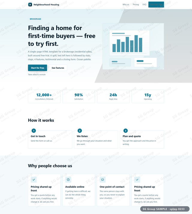 Thumbnail of Brokerage — Free Trial | split, text left, Ocean, an HTML landing-page template for brokerage aimed at free trial.