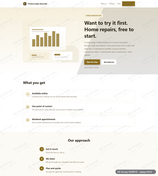 Thumbnail of Home Renovation — Free Trial | split, text right, Sand, an HTML landing-page template for home renovation aimed at free trial.