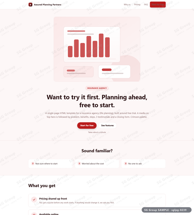 Thumbnail of Insurance Agency — Free Trial | media on top, Crimson, an HTML landing-page template for insurance agency aimed at free trial.