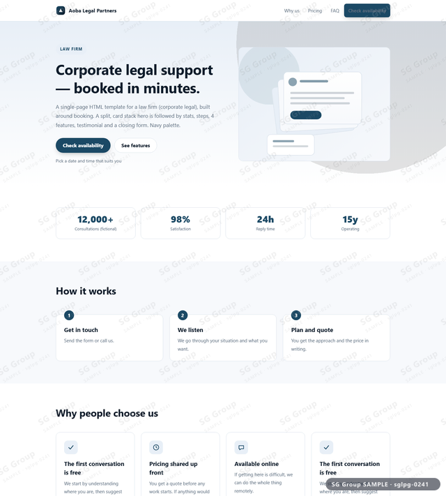Thumbnail of Law Firm — Booking | split, card stack, Navy, an HTML landing-page template for law firm aimed at booking.