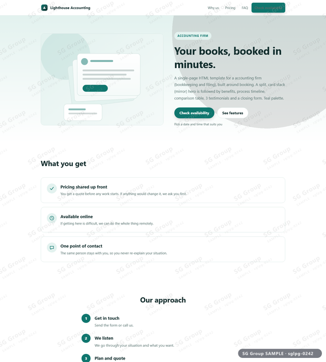 Thumbnail of Accounting Firm — Booking | split, card stack (mirror), Teal, an HTML landing-page template for accounting firm aimed at booking.