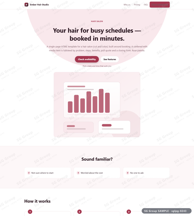 Thumbnail of Hair Salon — Booking | centered with media, Rose, an HTML landing-page template for hair salon aimed at booking.