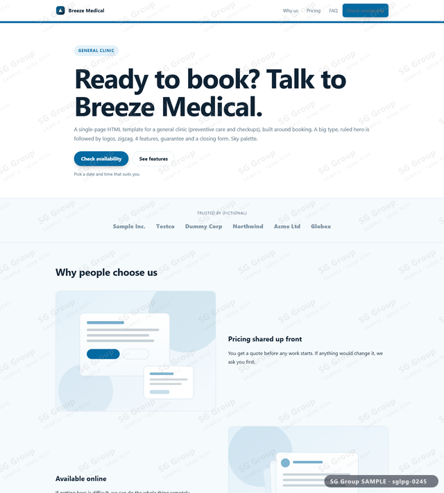 Thumbnail of General Clinic — Booking | big type, ruled, Sky, an HTML landing-page template for general clinic aimed at booking.