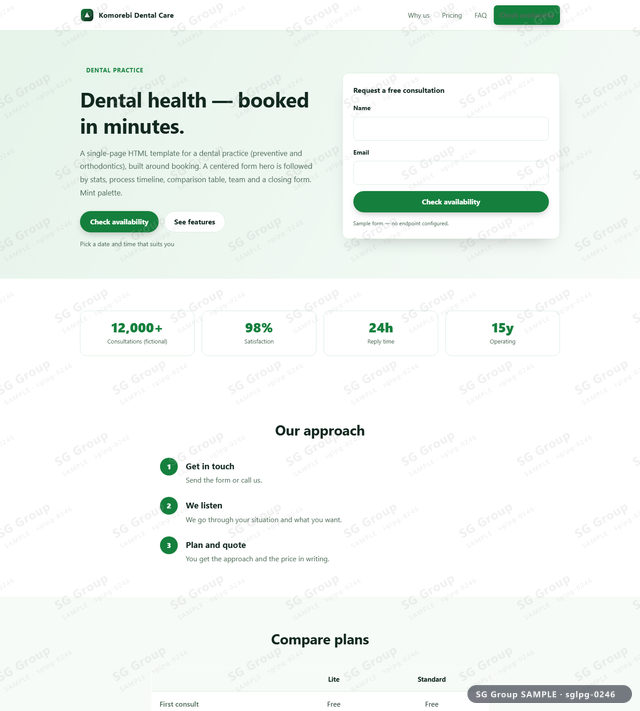 Thumbnail of Dental Practice — Booking | centered form, Mint, an HTML landing-page template for dental practice aimed at booking.