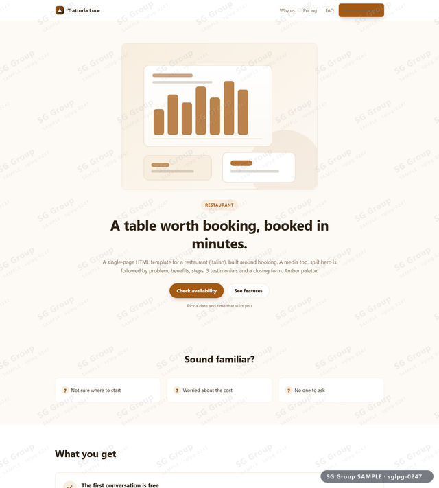 Thumbnail of Restaurant — Booking | media top, split, Amber, an HTML landing-page template for restaurant aimed at booking.