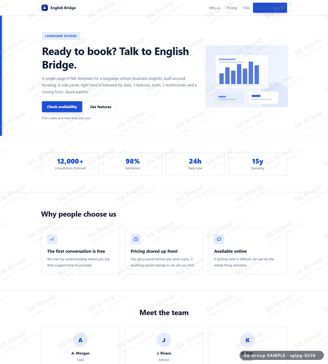Thumbnail of Language School — Booking | side panel, right, Azure, an HTML landing-page template for language school aimed at booking.