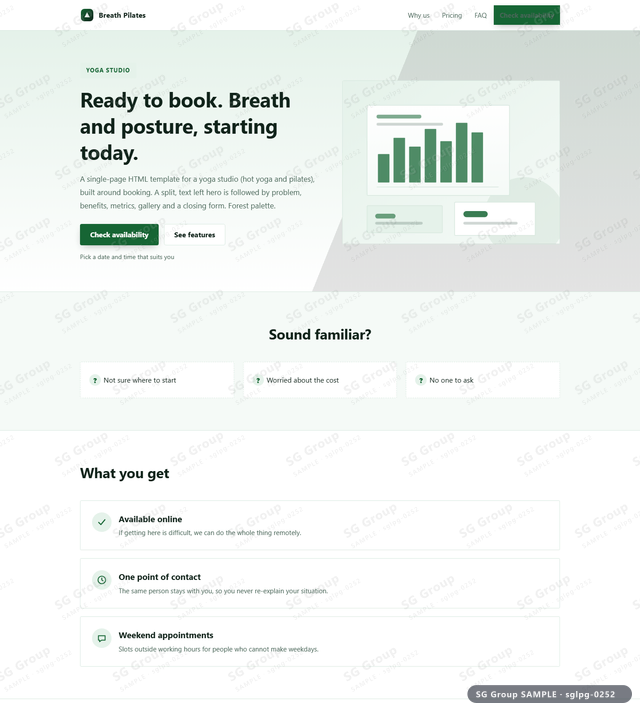 Thumbnail of Yoga Studio — Booking | split, text left, Forest, an HTML landing-page template for yoga studio aimed at booking.