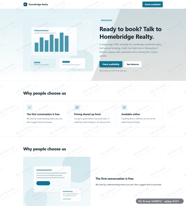 Thumbnail of Brokerage — Booking | split, text right, Ocean, an HTML landing-page template for brokerage aimed at booking.