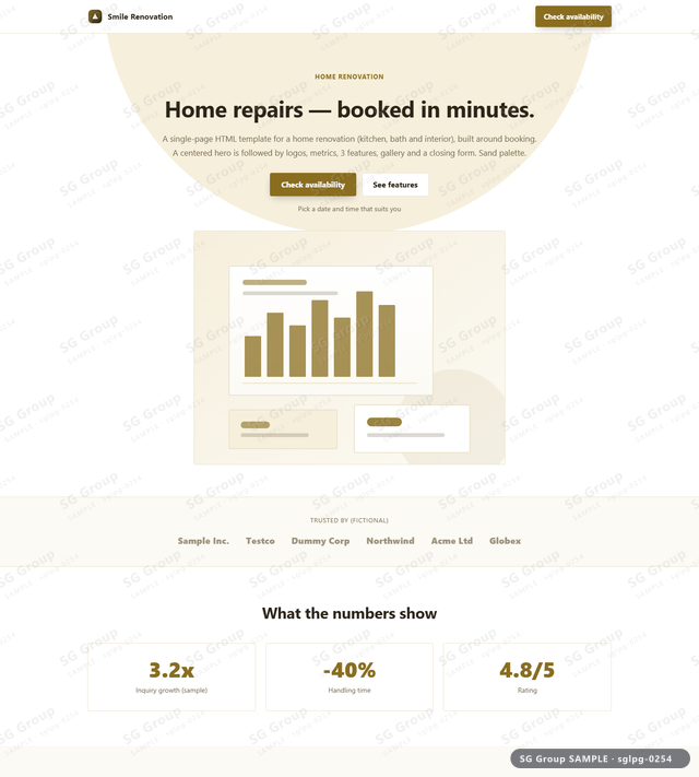 Thumbnail of Home Renovation — Booking | centered, Sand, an HTML landing-page template for home renovation aimed at booking.
