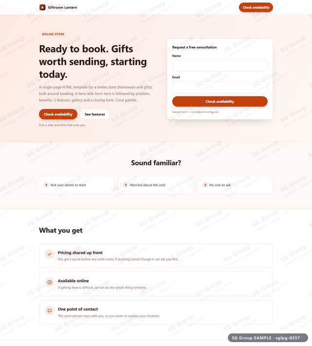 Thumbnail of Online Store — Booking | hero with form, Coral, an HTML landing-page template for online store aimed at booking.