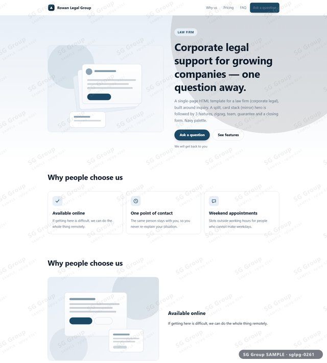 Thumbnail of Law Firm — Inquiry | split, card stack (mirror), Navy, an HTML landing-page template for law firm aimed at inquiry.