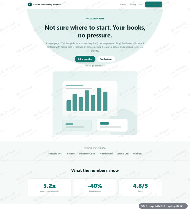 Thumbnail of Accounting Firm — Inquiry | centered with media, Teal, an HTML landing-page template for accounting firm aimed at inquiry.