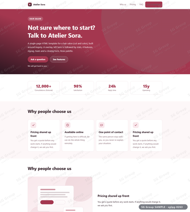 Thumbnail of Hair Salon — Inquiry | overlay, left, Rose, an HTML landing-page template for hair salon aimed at inquiry.
