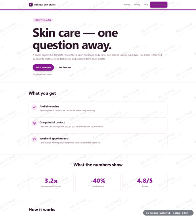 Thumbnail of Esthetic Salon — Inquiry | big type, ruled, Plum, an HTML landing-page template for esthetic salon aimed at inquiry.
