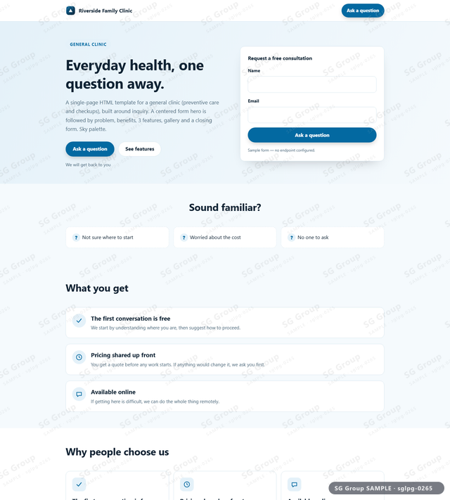 Thumbnail of General Clinic — Inquiry | centered form, Sky, an HTML landing-page template for general clinic aimed at inquiry.