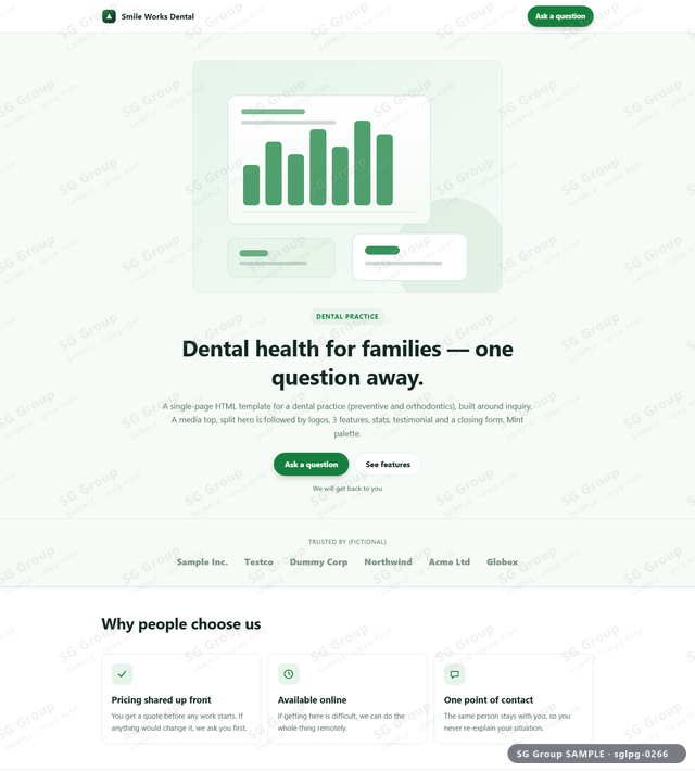 Thumbnail of Dental Practice — Inquiry | media top, split, Mint, an HTML landing-page template for dental practice aimed at inquiry.
