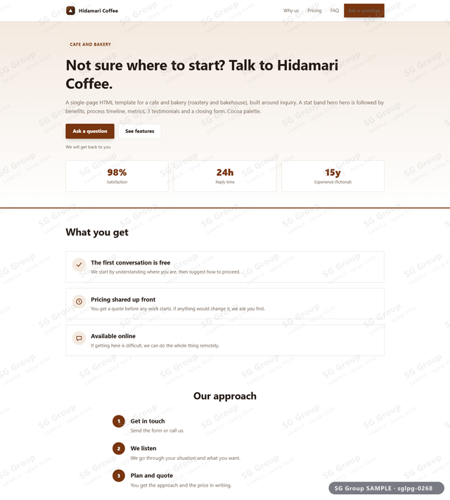 Thumbnail of Cafe and Bakery — Inquiry | stat band hero, Cocoa, an HTML landing-page template for cafe and bakery aimed at inquiry.