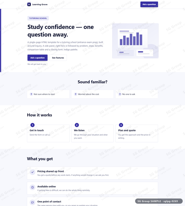 Thumbnail of Tutoring School — Inquiry | side panel, right, Indigo, an HTML landing-page template for tutoring school aimed at inquiry.