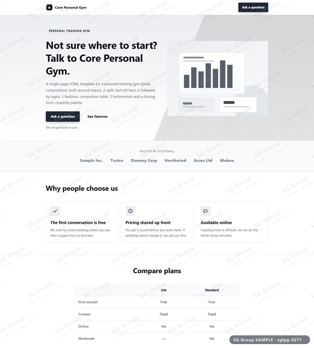 Thumbnail of Personal Training Gym — Inquiry | split, text left, Graphite, an HTML landing-page template for personal training gym aimed at inquiry.