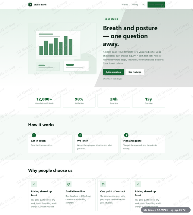 Thumbnail of Yoga Studio — Inquiry | split, text right, Forest, an HTML landing-page template for yoga studio aimed at inquiry.