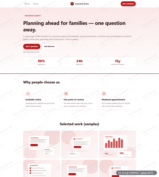 Thumbnail of Insurance Agency — Inquiry | stat hero, Crimson, an HTML landing-page template for insurance agency aimed at inquiry.