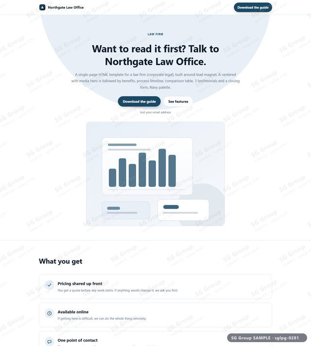 Thumbnail of Law Firm — Lead Magnet | centered with media, Navy, an HTML landing-page template for law firm aimed at lead magnet.