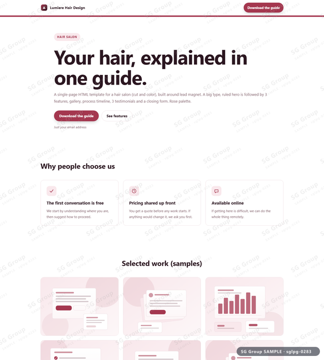 Thumbnail of Hair Salon — Lead Magnet | big type, ruled, Rose, an HTML landing-page template for hair salon aimed at lead magnet.