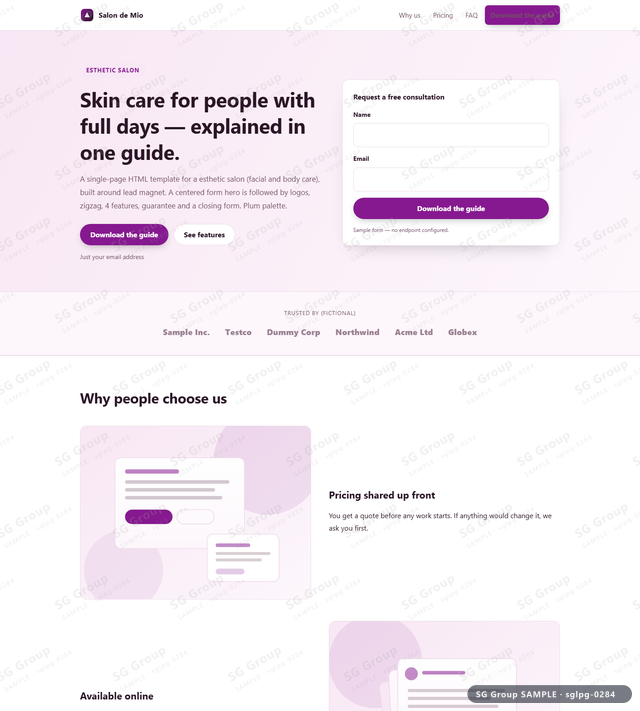 Thumbnail of Esthetic Salon — Lead Magnet | centered form, Plum, an HTML landing-page template for esthetic salon aimed at lead magnet.