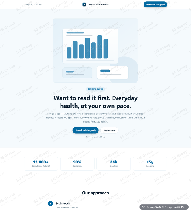 Thumbnail of General Clinic — Lead Magnet | media top, split, Sky, an HTML landing-page template for general clinic aimed at lead magnet.
