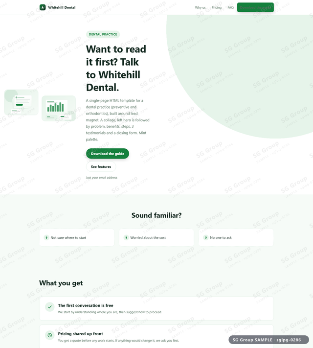 Thumbnail of Dental Practice — Lead Magnet | collage, left, Mint, an HTML landing-page template for dental practice aimed at lead magnet.