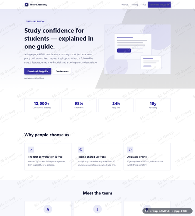 Thumbnail of Tutoring School — Lead Magnet | split, portrait, Indigo, an HTML landing-page template for tutoring school aimed at lead magnet.