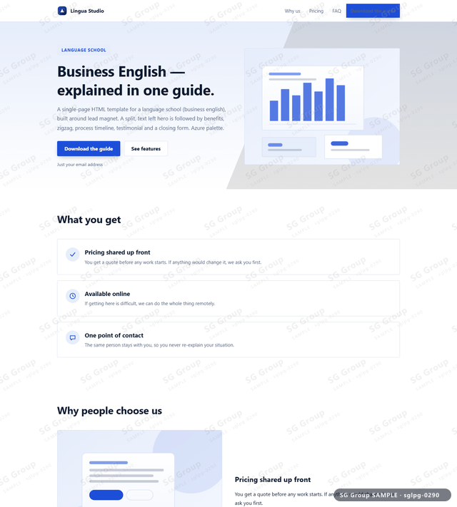 Thumbnail of Language School — Lead Magnet | split, text left, Azure, an HTML landing-page template for language school aimed at lead magnet.