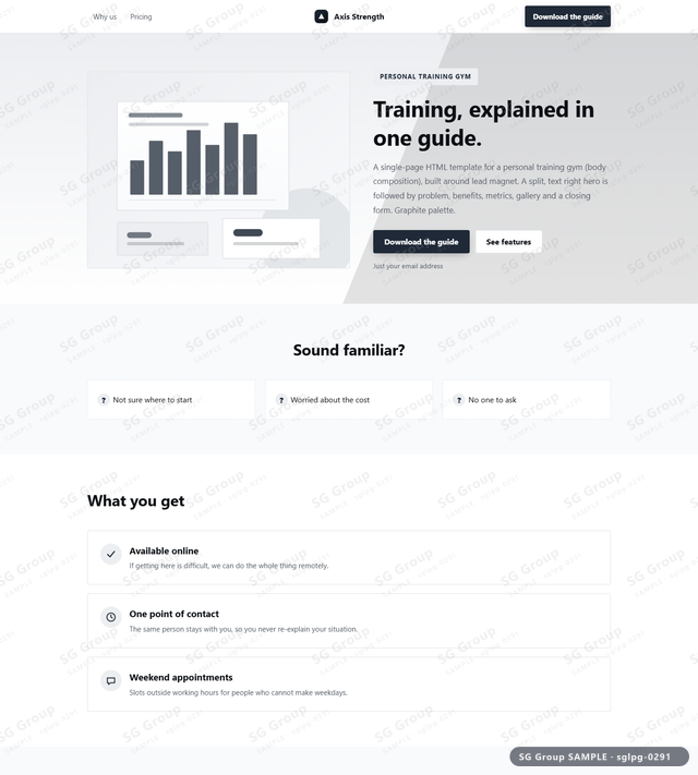 Thumbnail of Personal Training Gym — Lead Magnet | split, text right, Graphite, an HTML landing-page template for personal training gym aimed at lead magnet.