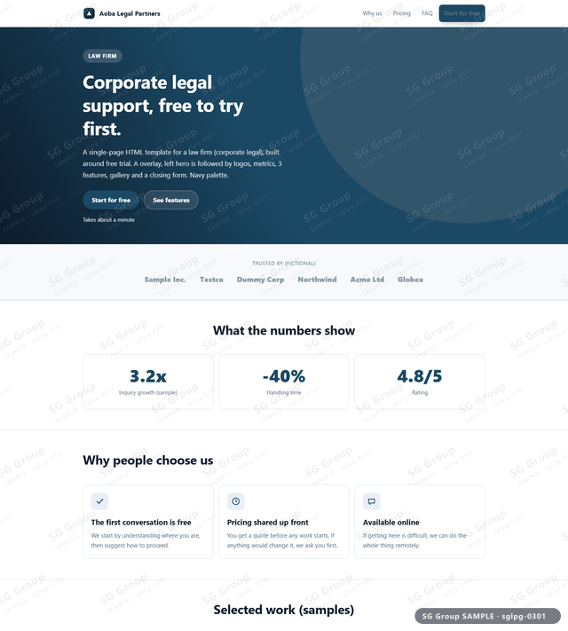 Thumbnail of Law Firm — Free Trial | overlay, left, Navy, an HTML landing-page template for law firm aimed at free trial.