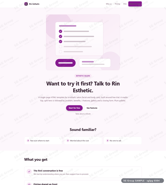 Thumbnail of Esthetic Salon — Free Trial | media top, split, Plum, an HTML landing-page template for esthetic salon aimed at free trial.