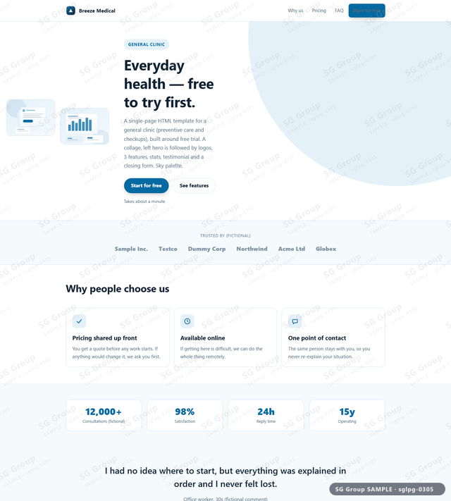 Thumbnail of General Clinic — Free Trial | collage, left, Sky, an HTML landing-page template for general clinic aimed at free trial.